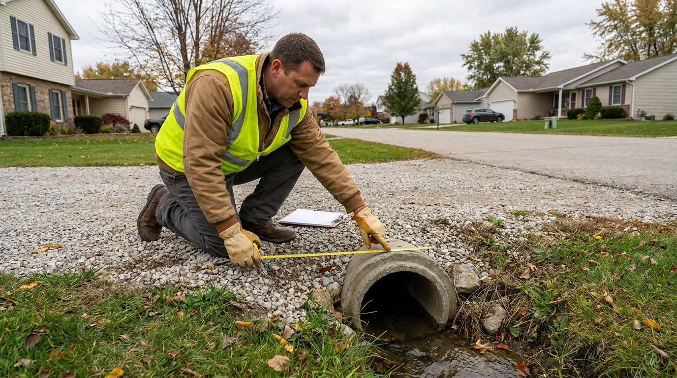 Contractor measuring a roadside drainage culvert beside a gravel driveway in a residential neighborhood.