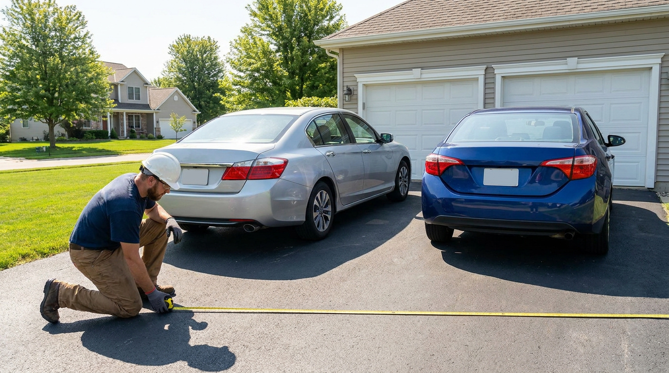 Contractor measuring a residential driveway width beside parked vehicles and a garage.