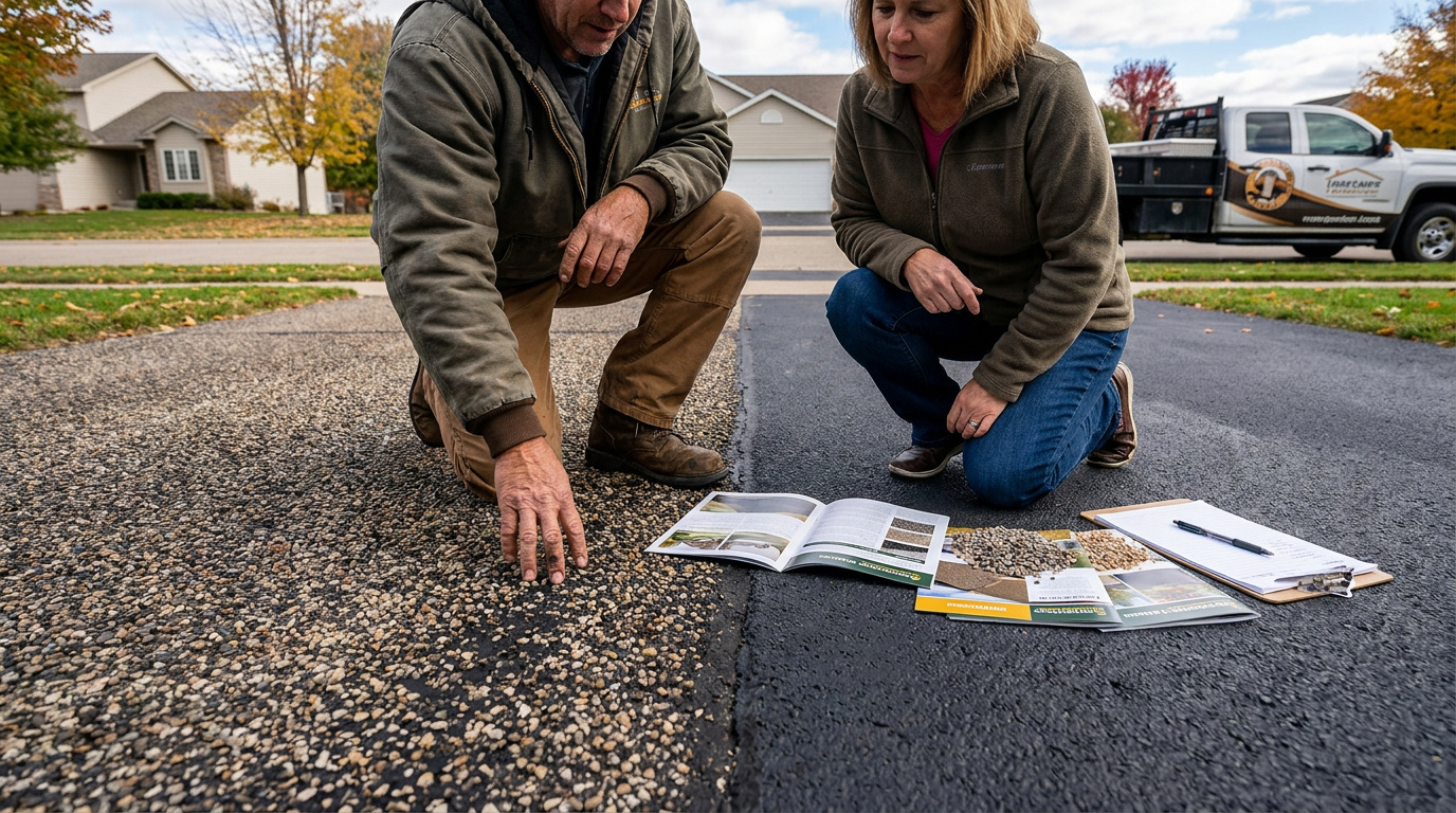 Homeowner and contractor comparing asphalt driveway materials and surface samples during a paving consultation.