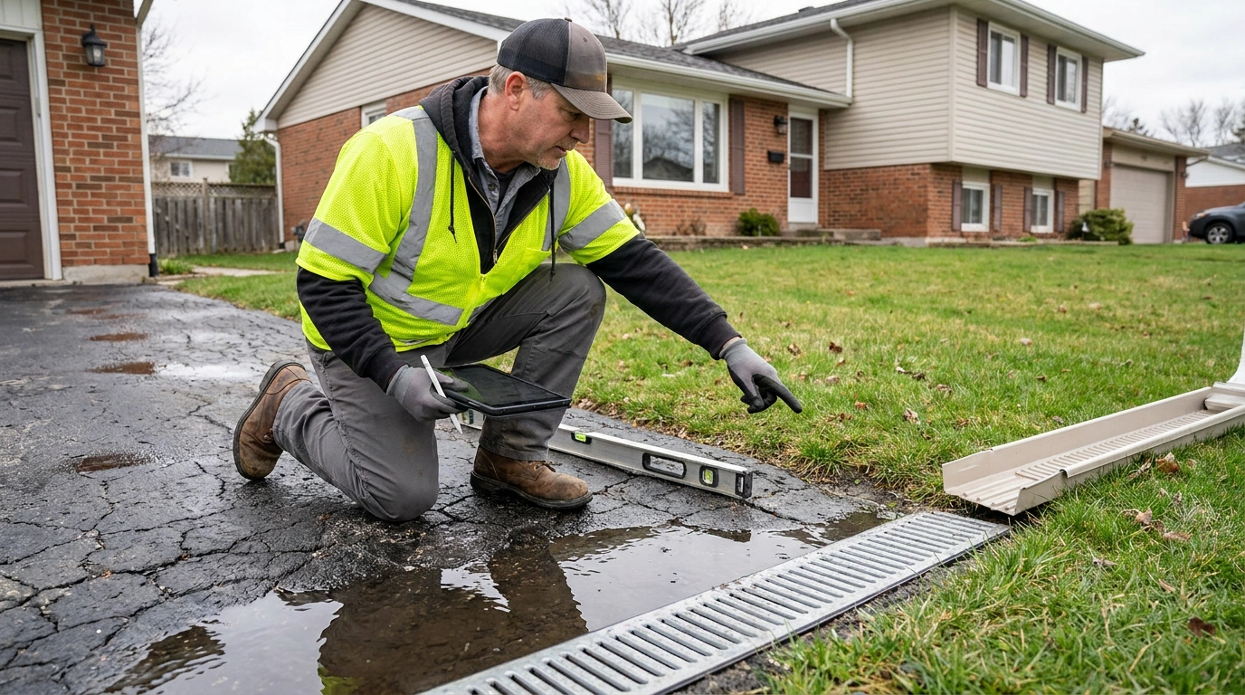 Contractor inspecting standing water and drainage issues on a cracked residential driveway.