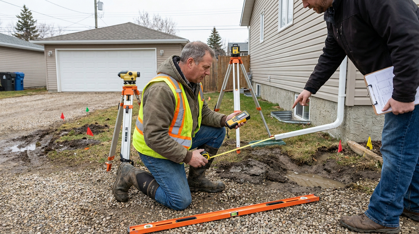 Contractors measuring and inspecting a residential drainage area with surveying equipment and grading tools.