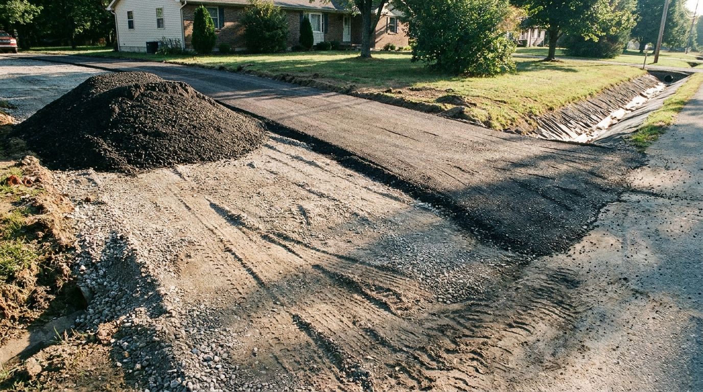 Newly paved asphalt driveway area with gravel base preparation and drainage ditch along a residential road.