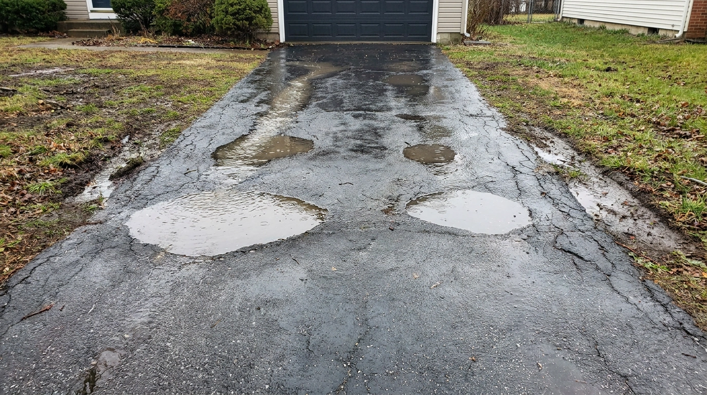 Cracked asphalt driveway with multiple puddles and standing water caused by poor drainage.