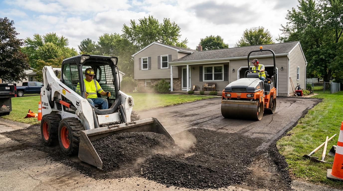 Workers installing asphalt on a residential driveway using a skid steer loader and asphalt roller.