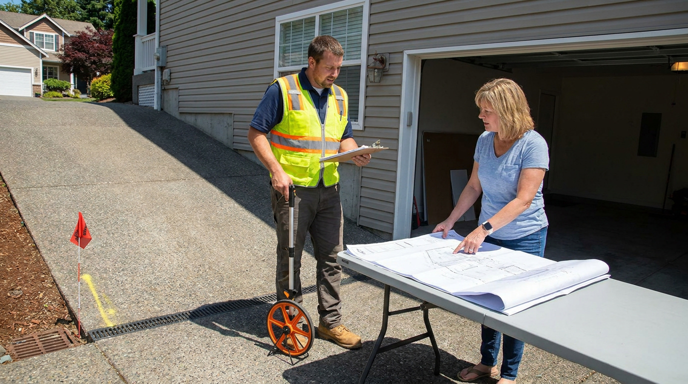 Contractor reviewing driveway plans and measuring a residential property with a homeowner before construction.