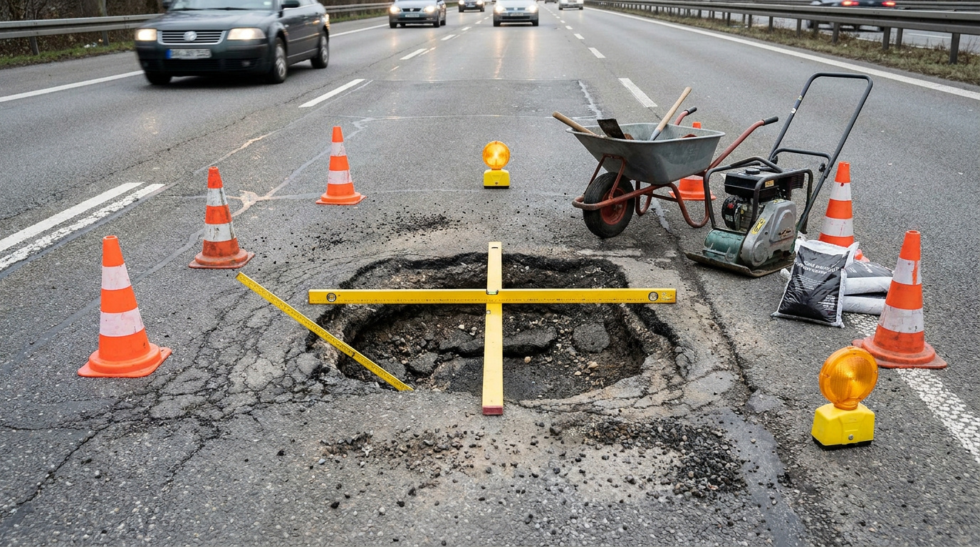Large pothole on a highway marked with traffic cones and measuring tools beside road repair equipment.