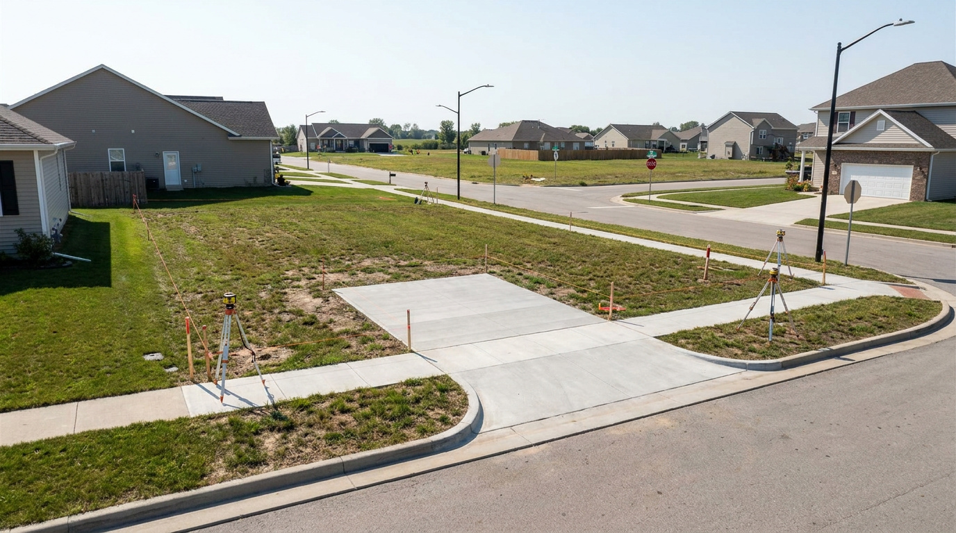 Residential lot surveyed for a new driveway with stakes and leveling equipment marking the planned construction area.