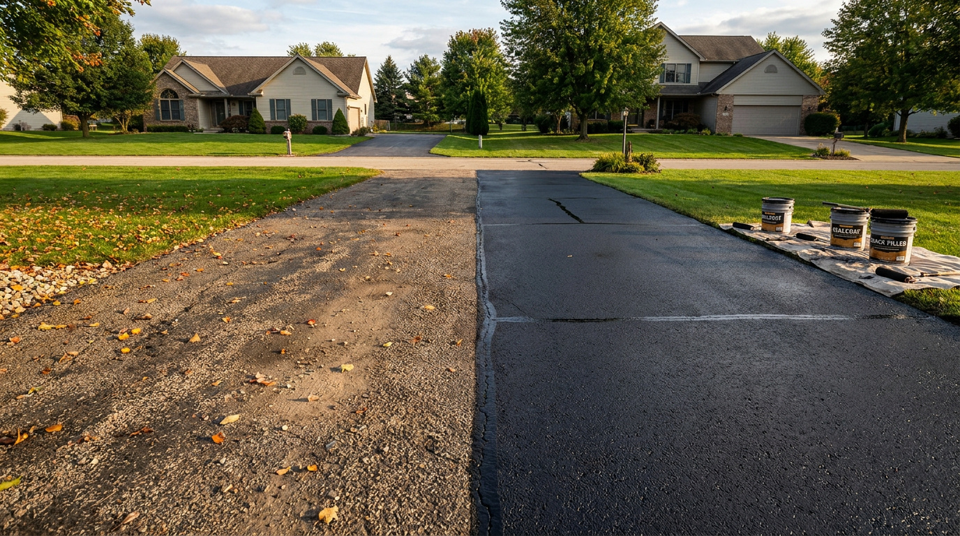 Residential driveway showing a comparison between a worn asphalt surface and a newly sealed asphalt section.