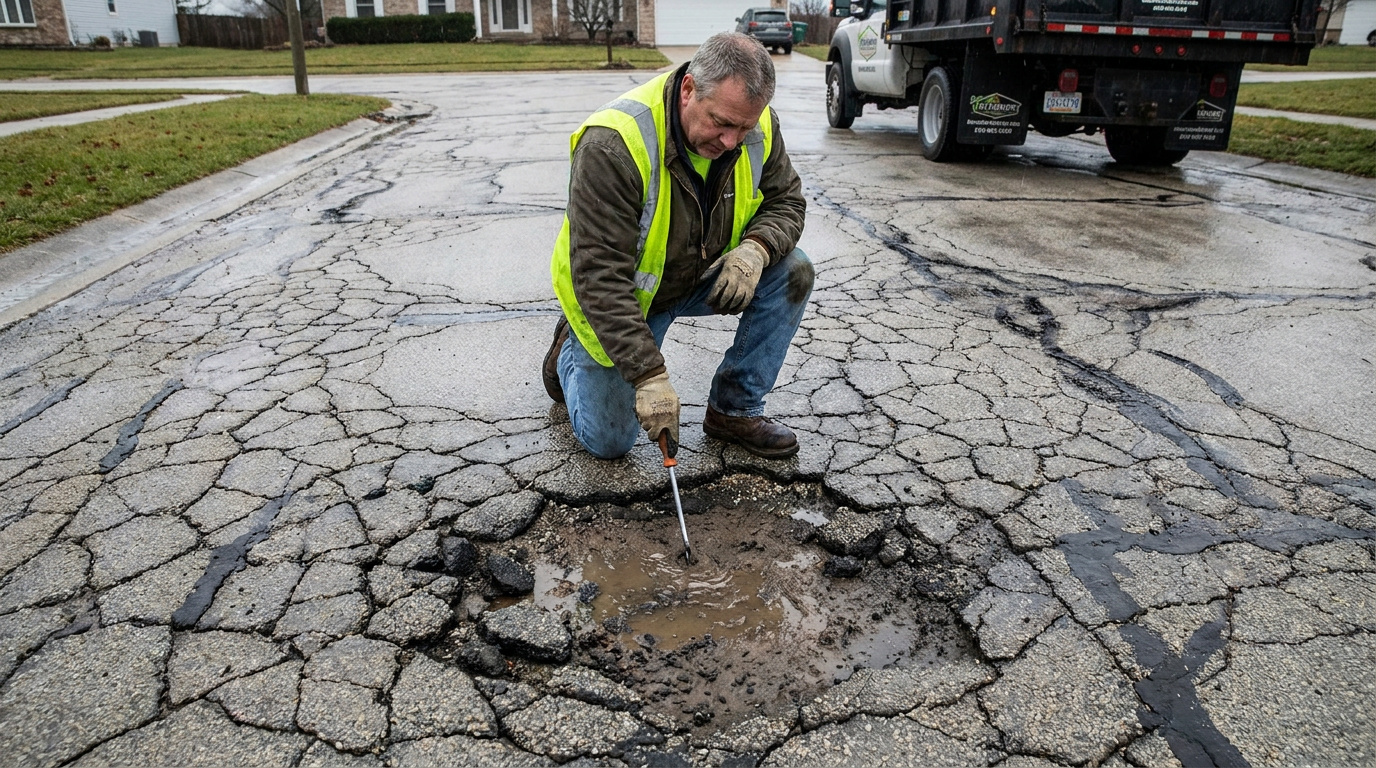 Contractor inspecting a water-filled pothole surrounded by severely cracked and deteriorated asphalt pavement.