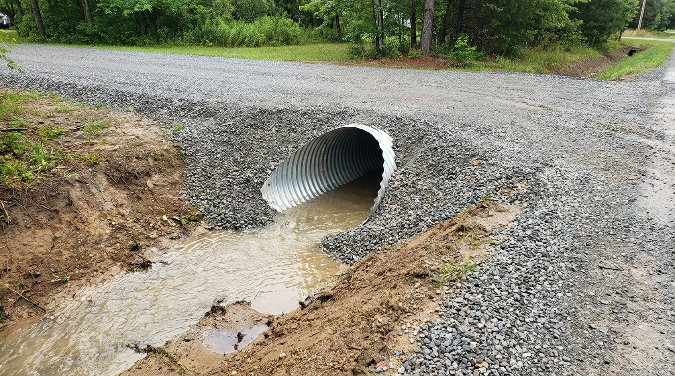 Drainage culvert carrying runoff beneath a gravel driveway beside a roadside ditch.