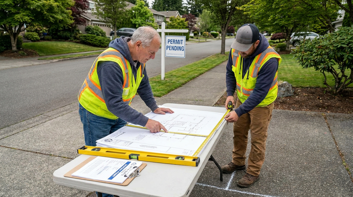 Two contractors reviewing and measuring residential construction plans beside a permit pending sign.