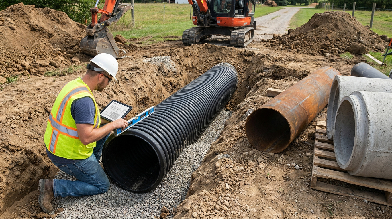 Contractor checking the level of a corrugated plastic culvert pipe during driveway drainage installation.