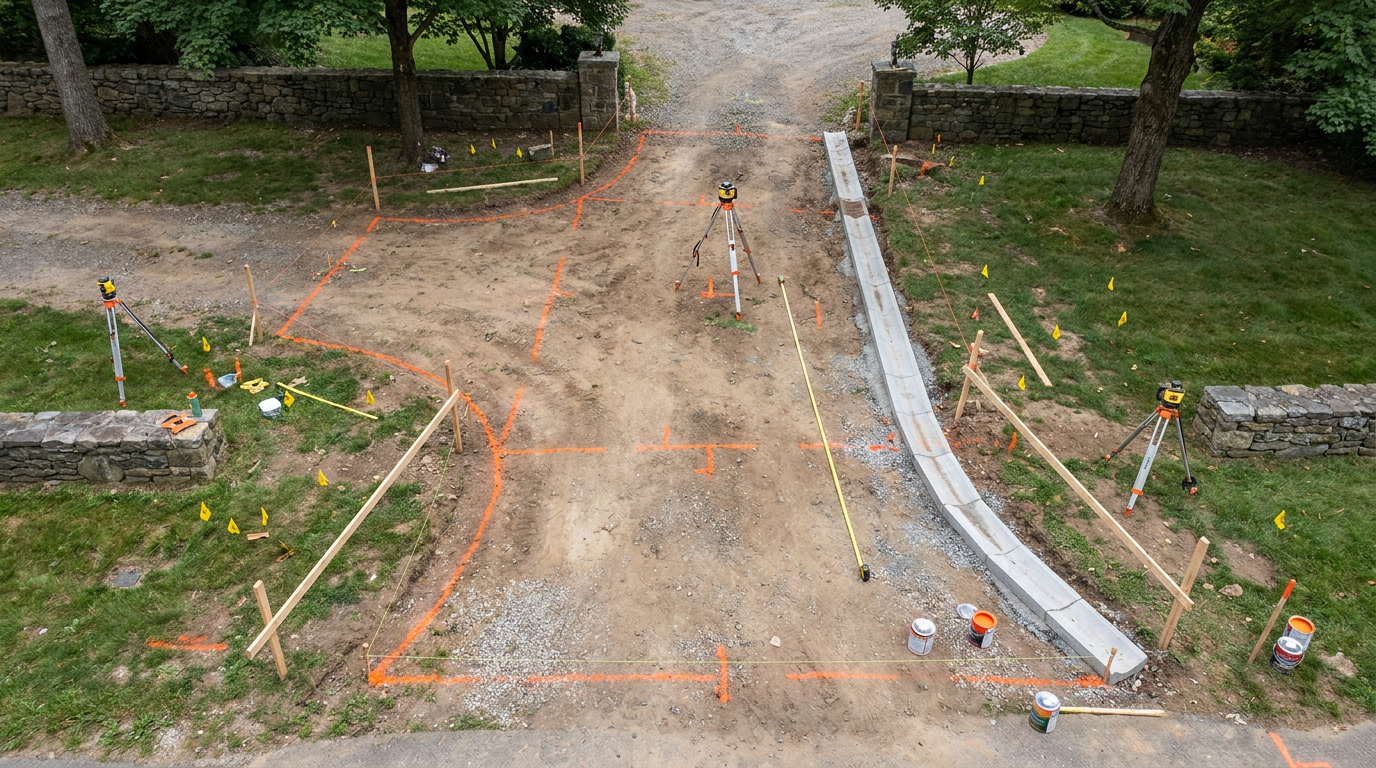 Aerial view of a residential driveway construction site marked with survey lines, grading stakes, and measuring equipment.