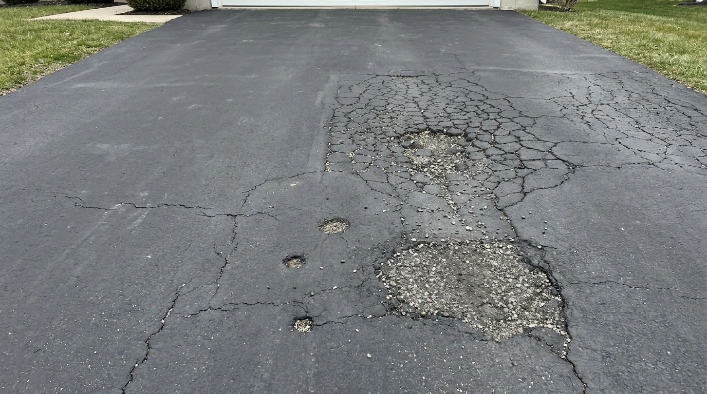 Asphalt driveway with extensive cracking, potholes, and deteriorated pavement showing signs of structural damage.