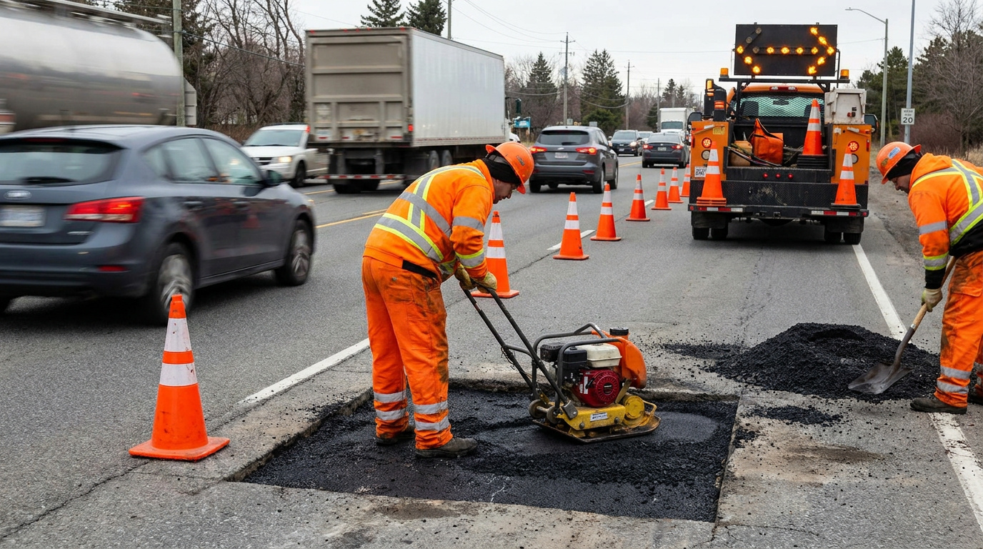 Road crew repairing a damaged asphalt lane with fresh patch material, compaction equipment, and traffic cones.
