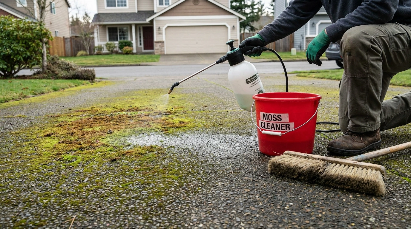 Worker applying moss cleaner to a moss-covered residential driveway using a sprayer and brush.